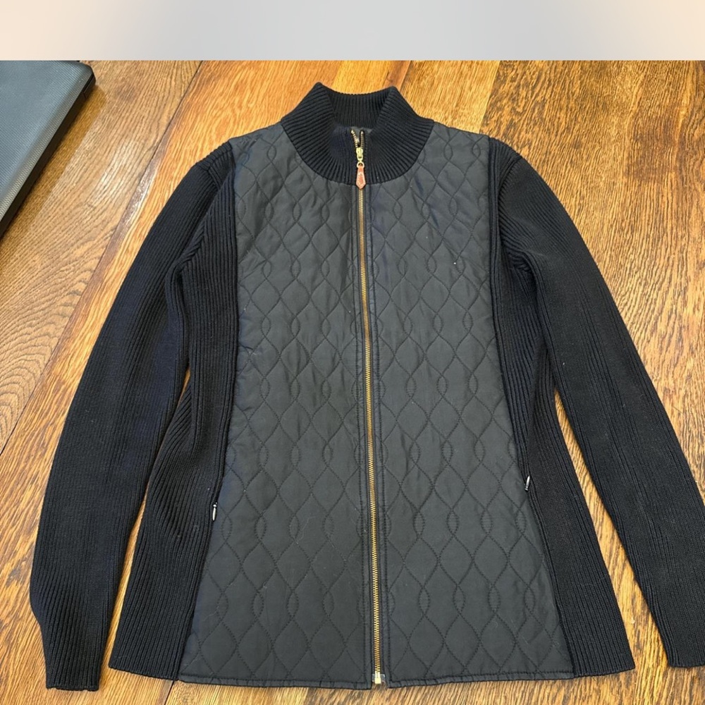 J. McLaughlin Black Silk Quilted Jacket with Ribbed Sleeves